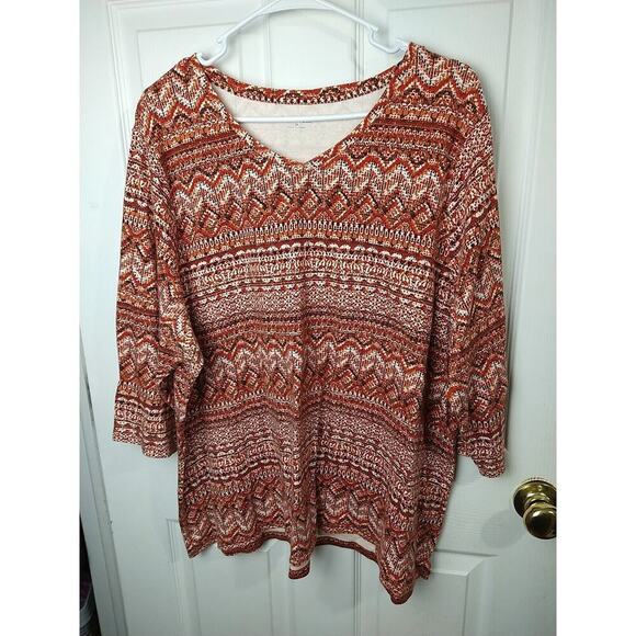 Studio Works Woman 3X Tee V Neck 3/4 Sleeve Western Aztec Pullover - Picture 1 of 9